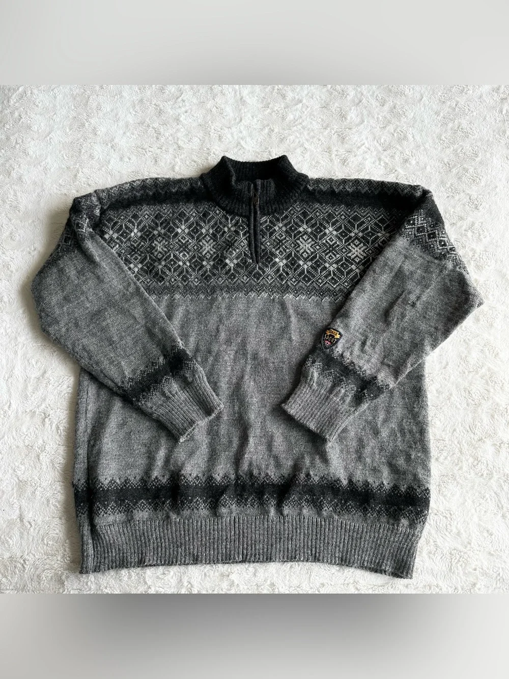 Vintage Dale of Norway Sweater Mens XL Gray Wool Fair Isle 1/4 Zip Ski Nordic
